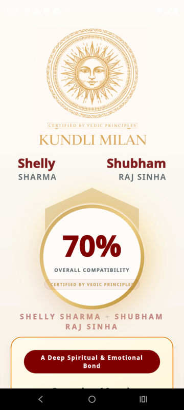 Kundli Milan app — screen 1 of the compatibility report